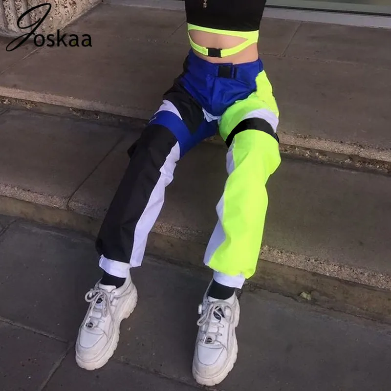

Joskaa Streetwear Patchwork Joggers Women Track Pants Contast Color High Hop High Waist Pants Trousers Casual Capri Bottom