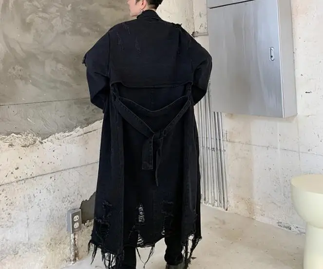 WHITNEY WANG осенний модный уличный стиль, рваный длинный джинсовый Тренч, Мужская джинсовая куртка, ветровка