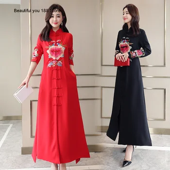 

Ethnic style dress women's long dress 2020 Spring and Autumn New style embroidered improved cheongsam knee-length dress
