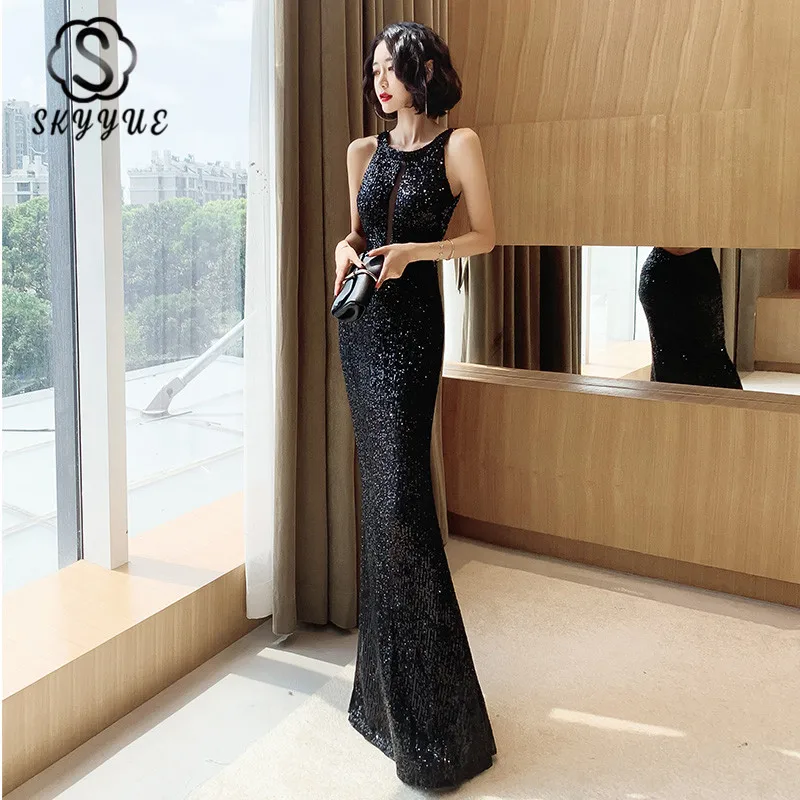 Skyyue вечерние платья, черные, с блестками, элегантные, Robe De Soiree K098, Холтер, вечерние платья для женщин, длинные, сексуальные, с открытой спиной, платья для вечеринок