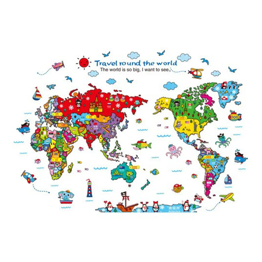 Новые Красочные животные карта мира наклейки на стену Детские Декор Съемный