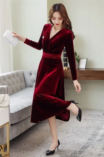 

2019 Autumn Clothing New Style Velvet Dress-Style Simple Solid Color Slim Fit Slimming Elegant Skirt Women's Mid-length