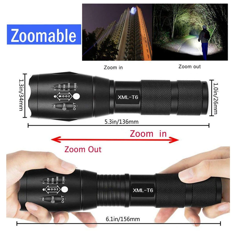 LED Tactical Flashlight 18650 Super Bright High Lumen XML T6 LED lights Portable Outdoor Water Resistant Torch Light Zoomable