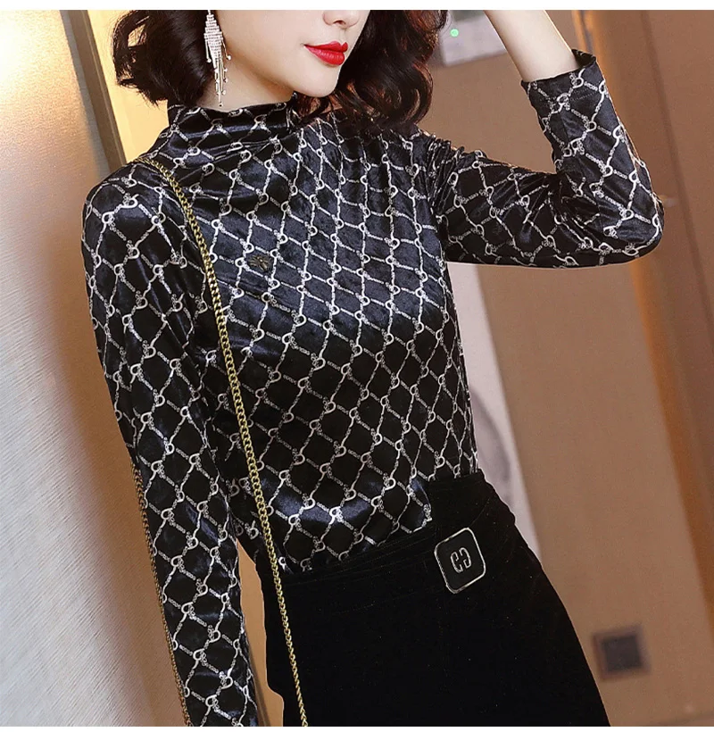 2020 New Pleuche Slim Patchwork Printed Pattern Half Turtleneck T-shirt Women's Long Sleeve Pullover Plaid Bottom Shirt | Женская