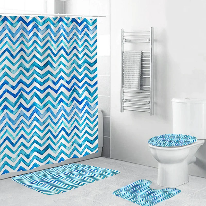 4Pcs Home Bathroom Decor Set Bathroom Blue Stripes Pattern Toilet Seat Cover Bath Mat Set+ Waterproof Shower Curtain