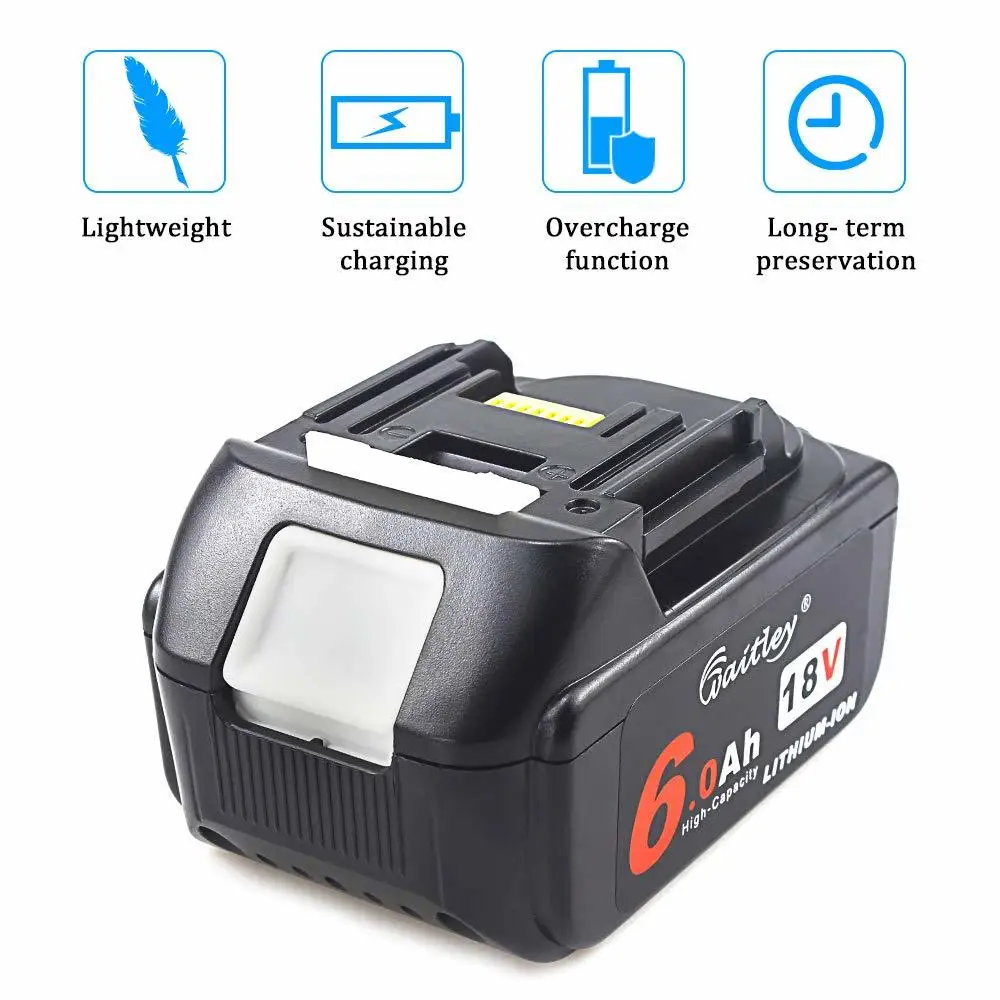 Cena Waitley akumulator litowo jonowy bateria do narzędzi makita 18V 6000mAh 6.0Ah elektronarzędzia z LED wymiana LXT BL1860B BL1860 BL1850 6A