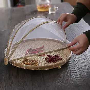 

Bamboo Round Food Cover Basket Hand-Woven Dust proof Picnic Vegetable Bread Covered Tray For Home Outdoor