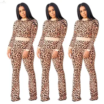 

Autumn Winter Leopard Two Piece Set Women Tracksuit Skiiny Pullover Tops + Print Wide Leg Pants Casual Vestido Women Outfits