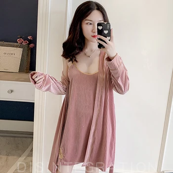 

Lady 2PCS Nighty&Robe Set Velvet Bride Wedding Robe Home Clothes Sexy Bathrobe Gown Sleepwear Nightgown Strap Nightwear Homewear