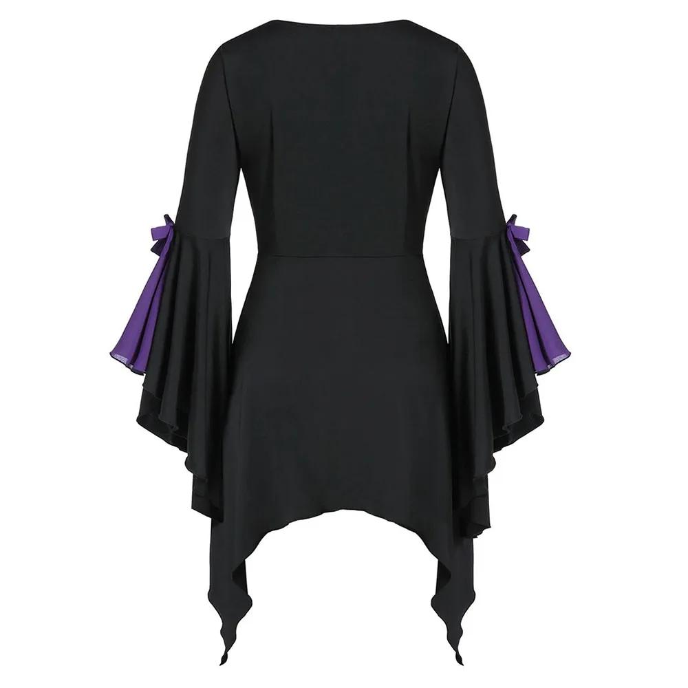 Medieval Pullover Female Vintage Lace Up Bell Sleeve Patchwork Witch Costumes Gown Party Club Punk Gothic Tops 2XL Halloween