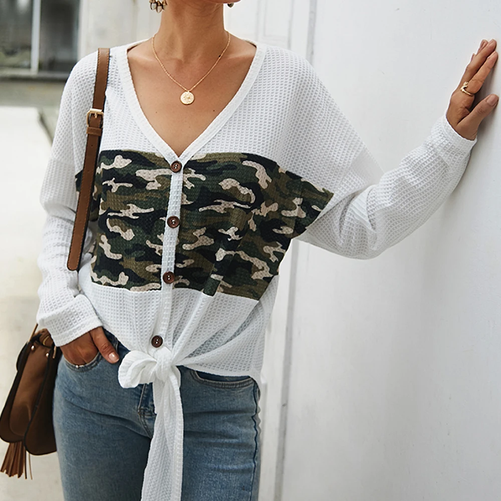 

New Women Camouflage Stitching V Collar Cardigan, The Bottom Can Tie a Knot Band Commuting Sweater Coat Oc25