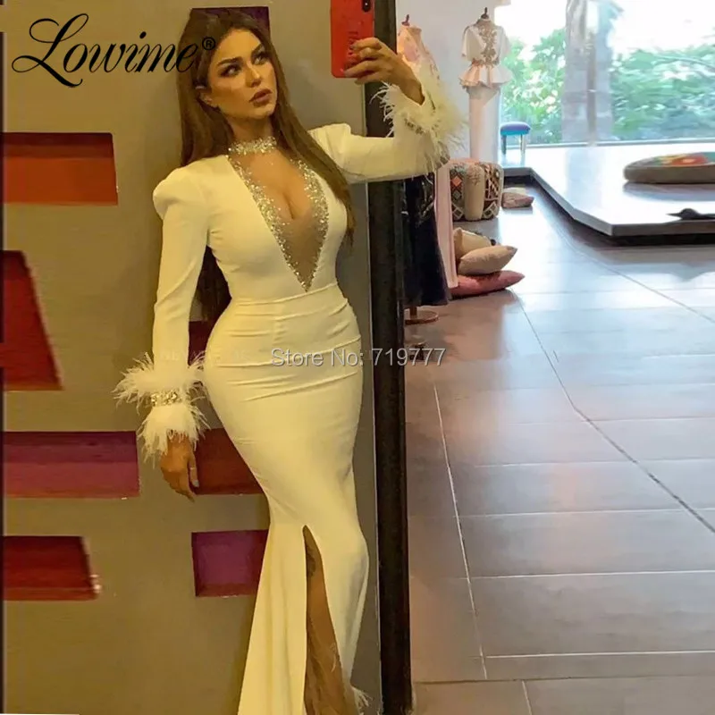 

Feather Ivory Mermaid Long Sleeves Arabic Evening Dress Dubai Women Crystals Illusion Neckline Prom Dresses Vestido Party Gowns