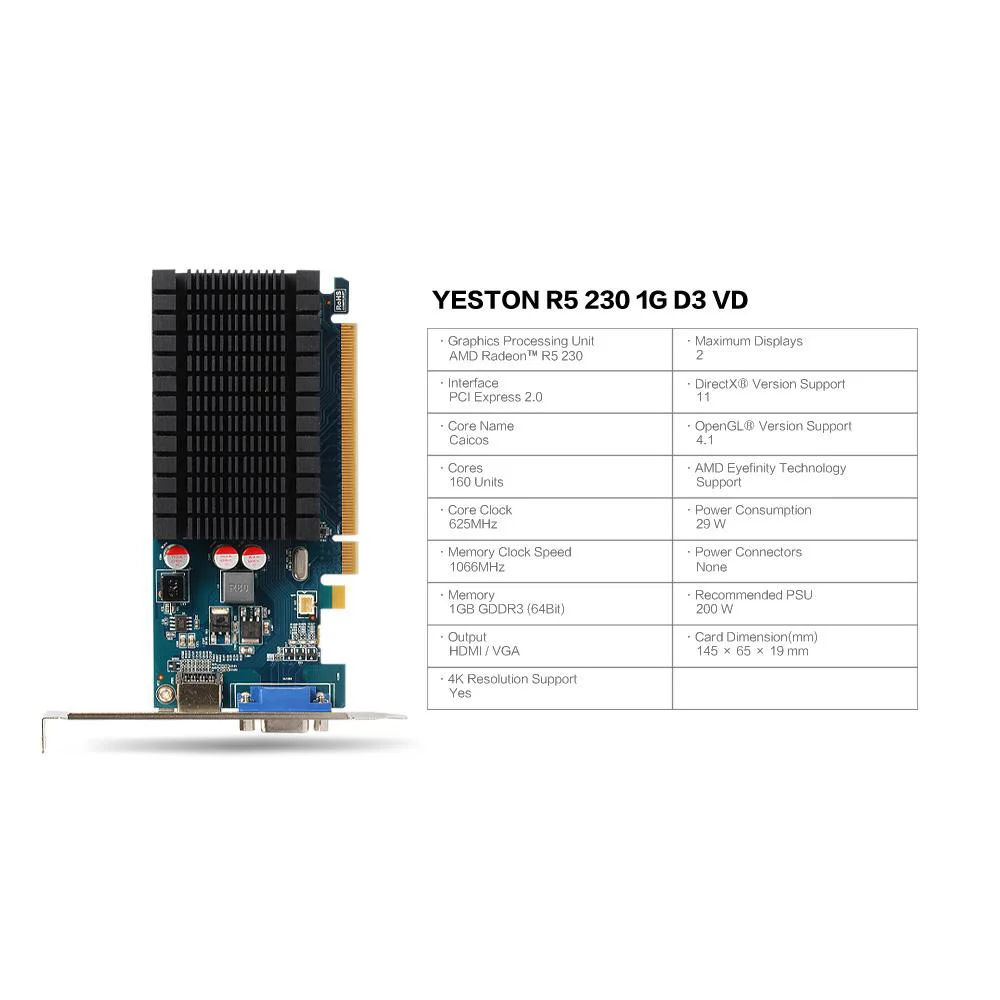 Yeston R5 230 1G D3 VD видеокарты 625 МГц 1 ГБ/64 бит/GDDR3 половина высоты HD VGA низкое энергопотребление GPU