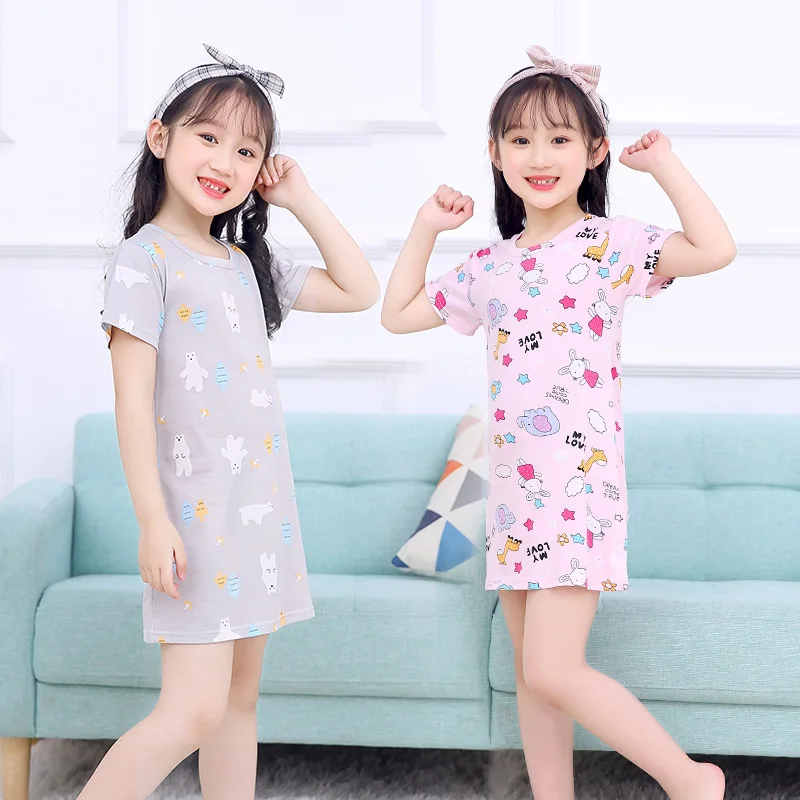 

Children Shirt 2019 Summer Cartoon Printed Qmilch Short-sleeve Dress Medium-small Girls Cute Home Nightgown