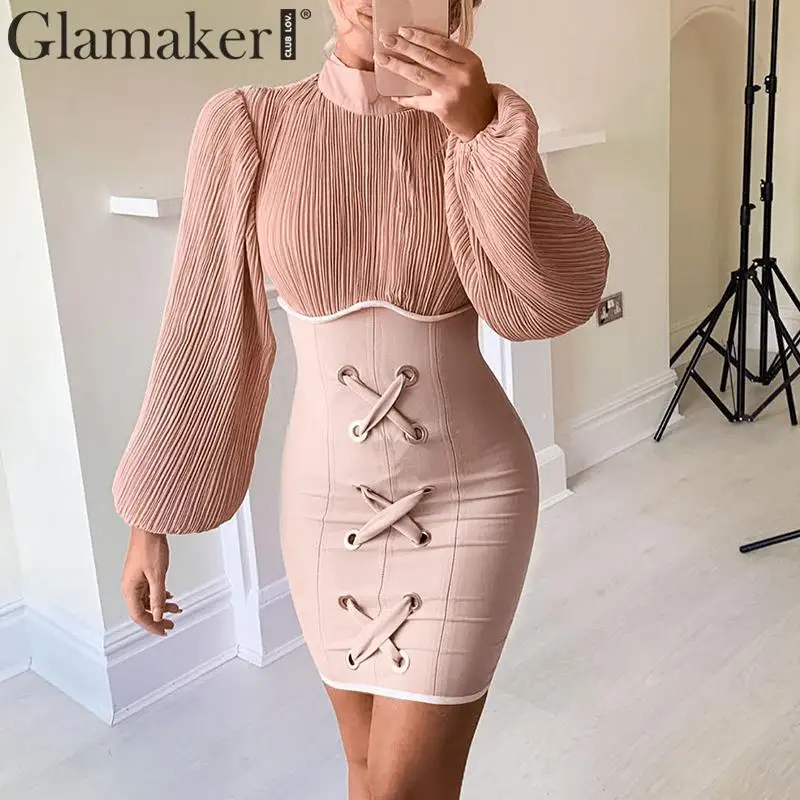 Женское облегающее платье Glamaker розовое трикотажное мини с длинным рукавом