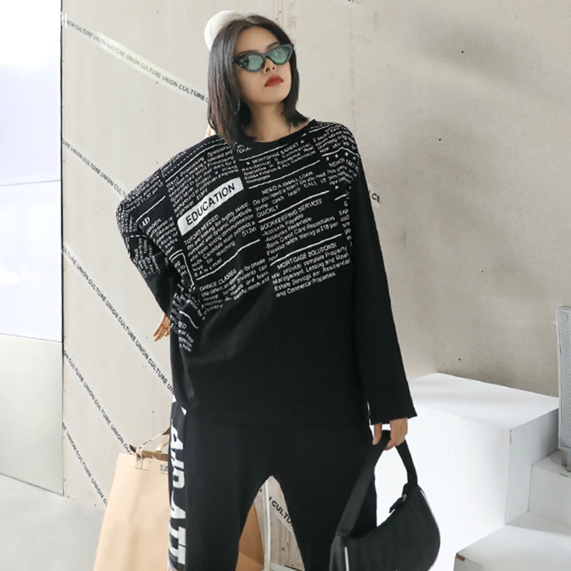 [EAM] Women black letter printed big size T-shirt New Round Neck Long batwing  Sleeve Fashion Tide  Spring Autumn 2020 1DA105