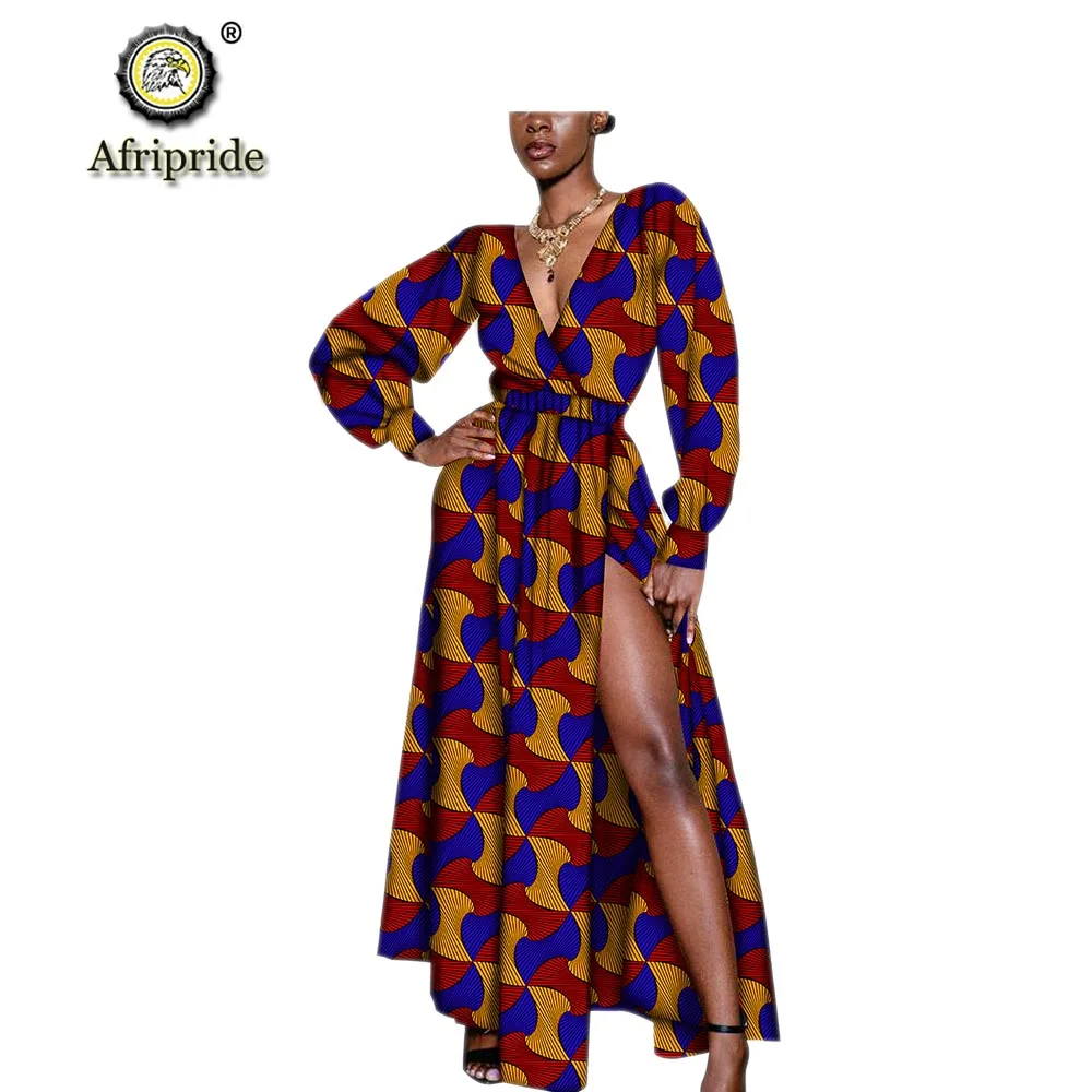 Африканские платья для женщин Анкара принт Дашики AFRIPRIDE фонарь рукав Сторона Открытое платье Чистый хлопок Базен riche S1825053