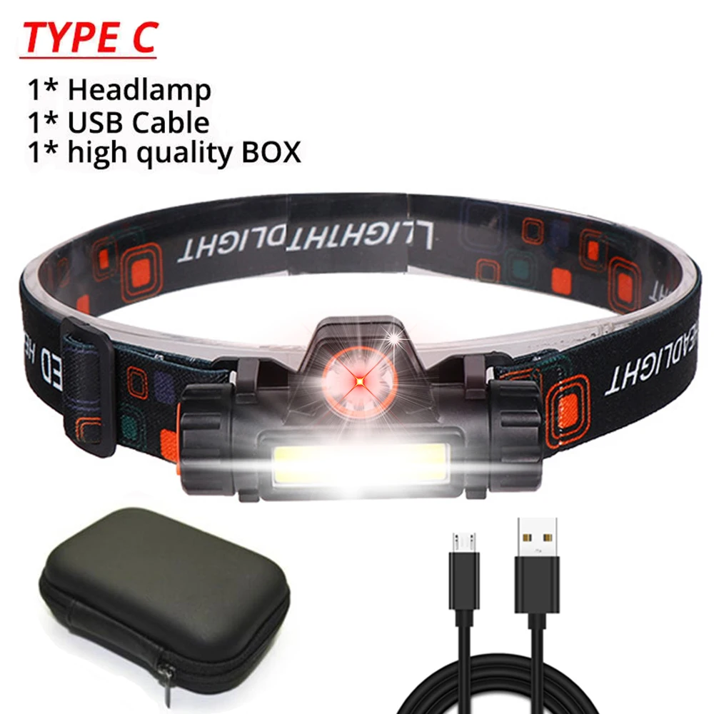 Type C Мощный светодиодный налобный фонарь перезаряжаемая фара, XPE+ COB USB кабель, водонепроницаемый Головной фонарь для бега, бега, пешего туризма Z50 - Испускаемый цвет: Type C