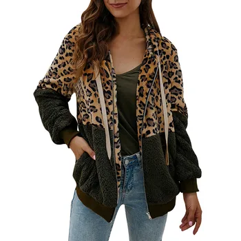

chaquetas mujer 2019 Women Jacket Leopard Print Patchwork Fleece Long Sleeves Hooded Zipper Keep Warm Coat Outerwear 10.25