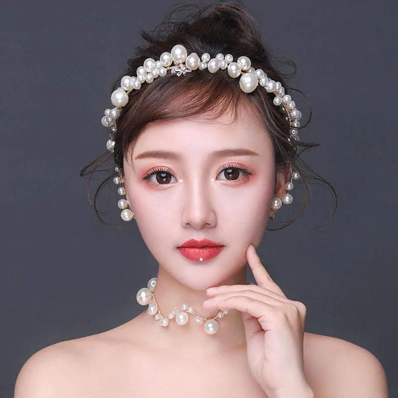 Princess Pearl Crown and Earrings Set For Brides Wedding Jewelry Pearl Headbands Headdress Bridal Tiara Diadem Headband Hairband