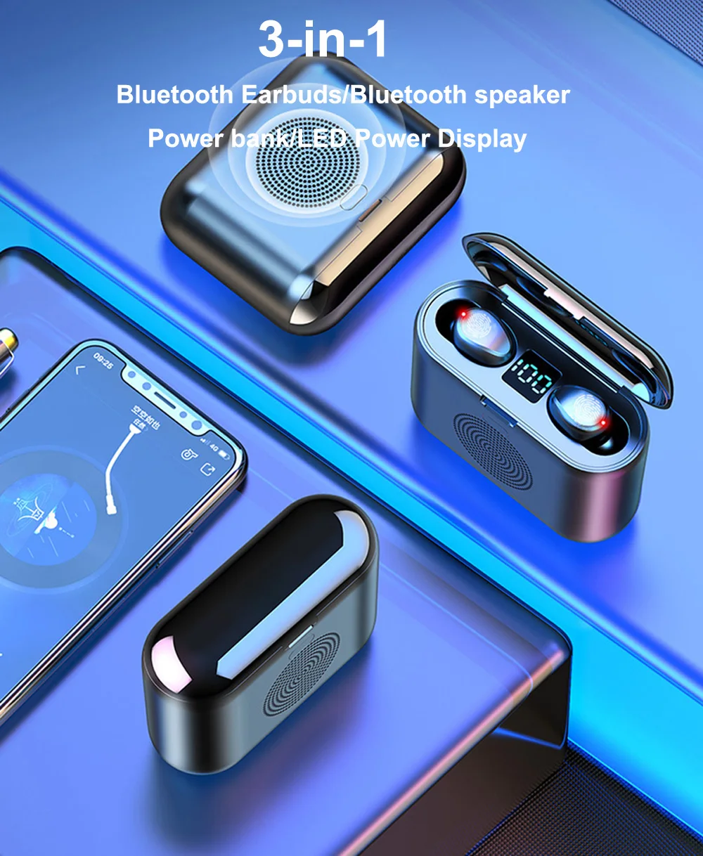 3-в-1 мини-наушники с Bluetooth/Bluetooth динамик/power bank F9 наушники-вкладыши TWS Bluetooth 5,0 наушники сенсорное управление Hi-Fi наушники для занятий спортом