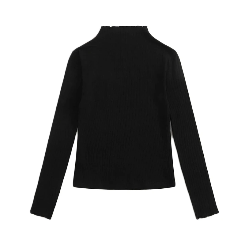 Dotfashion, повседневная, с воланами, на шее, ребристая вязка, футболка для женщин, осень, одноцветная, стоячий воротник, футболка, топы для девушек, базовый топ с отделкой
