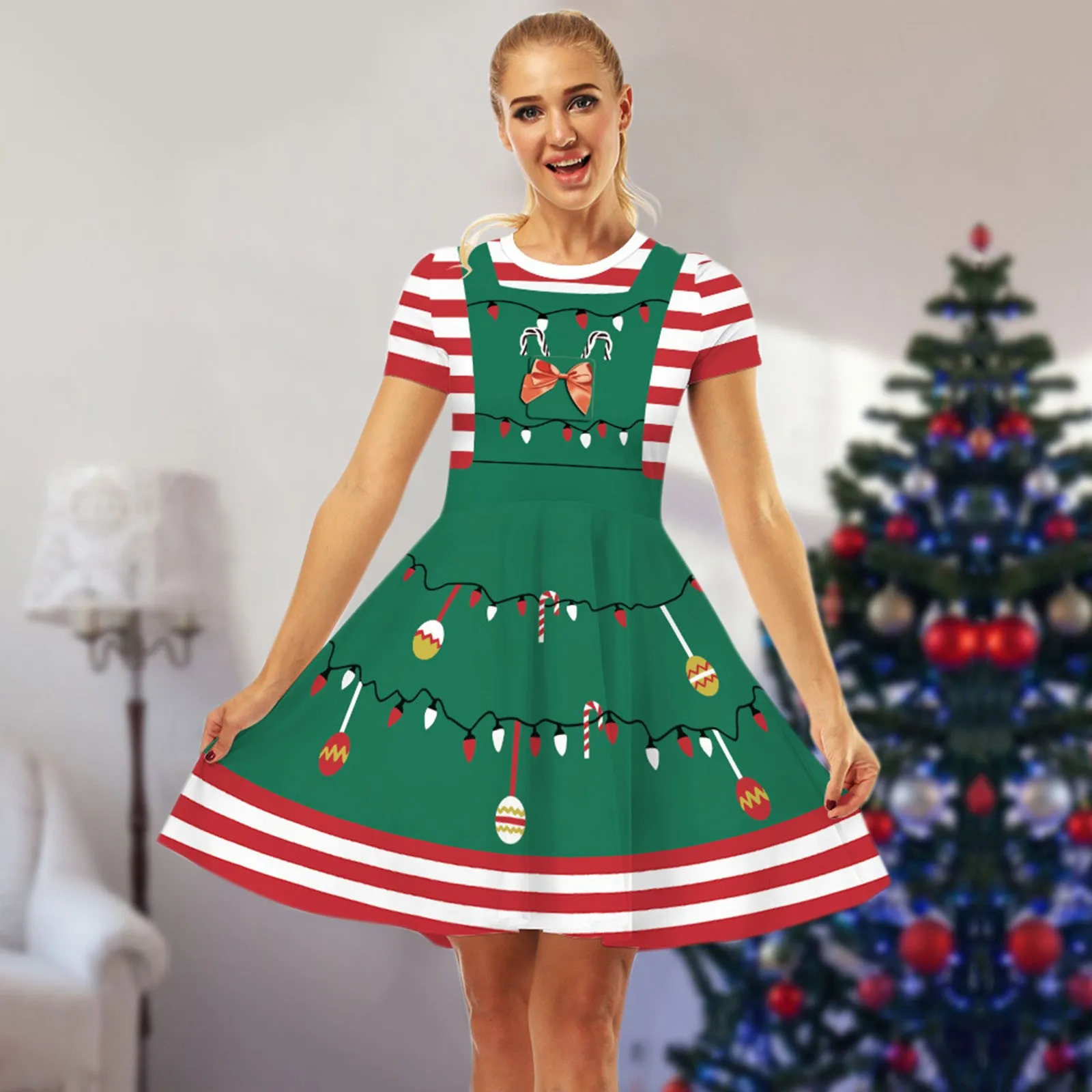 Abito natalizio donna Casual elegante stampa abito da festa di natale rosso  Vintage Retro o collo manica corta A line abiti Robe Femme|Dresses| -  AliExpress