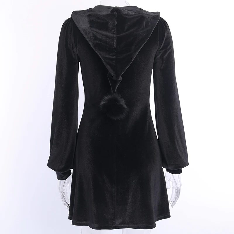 InsGoth Moon Zipper Black Dress Women Gothic Vintage Mini Hooded Velour Dress Casual Streetwear Harajuku Lady Party Dress Autumn