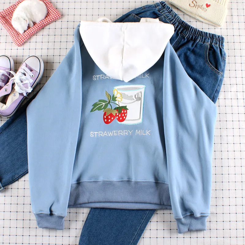 Harajuku Japanese Cute Strawberry Embroidery Sweatshirt Plus velvet Hoodie Women's Loose Hooded Hoodie Preppy Style women Tops