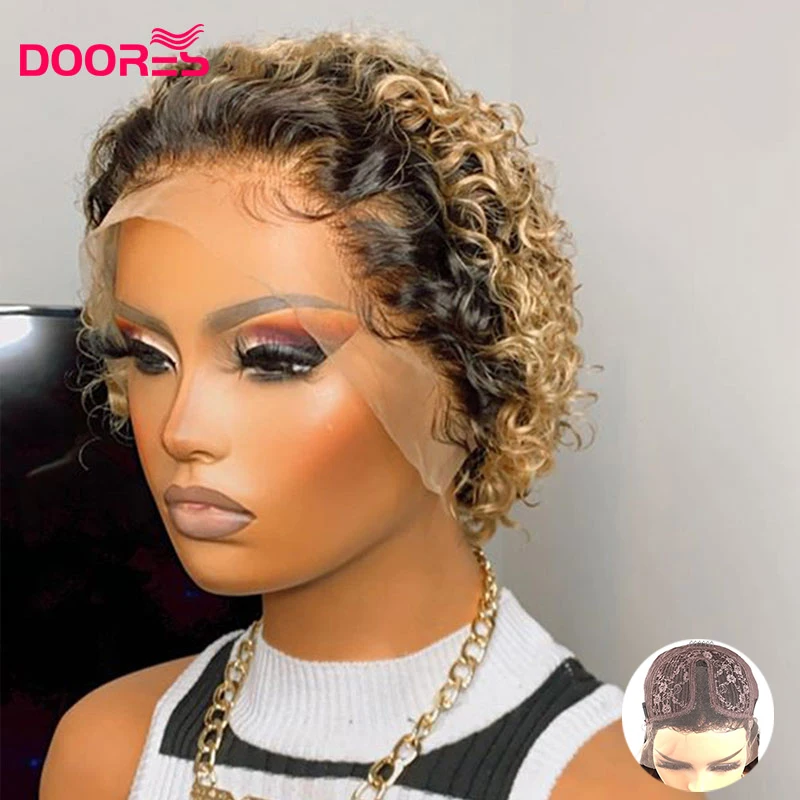 Wigs Remy-Hair T-Part Blonde Bob 1b27 Ombre Curly Pre-Plucked Pixie-Cut Women Doores