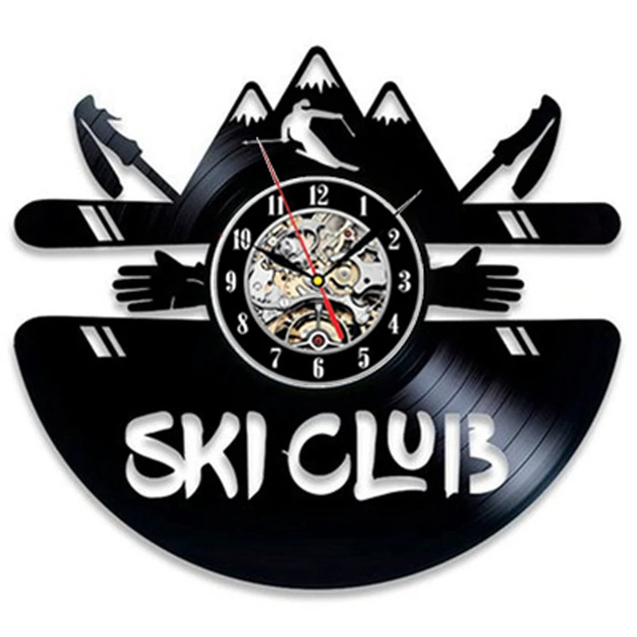 Ski Snow Wall Clock Modern Design Vintage Vinyl Record Wall Clock Snowboarding Hanging Watch Home Decor 12 inch Gifts for Skier