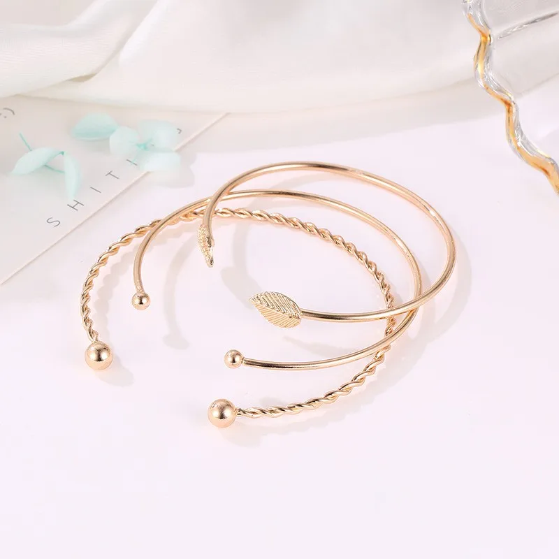 Elegant 3pcs Set Leaf Open Round Gold Bracelet Gifts for Women