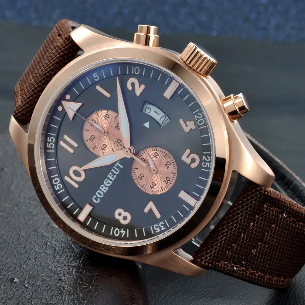 

Top brand Corgeut46mm Rose Gold Case aseptic dial fully automatic timing men's quartz watches date waterproof men's watches