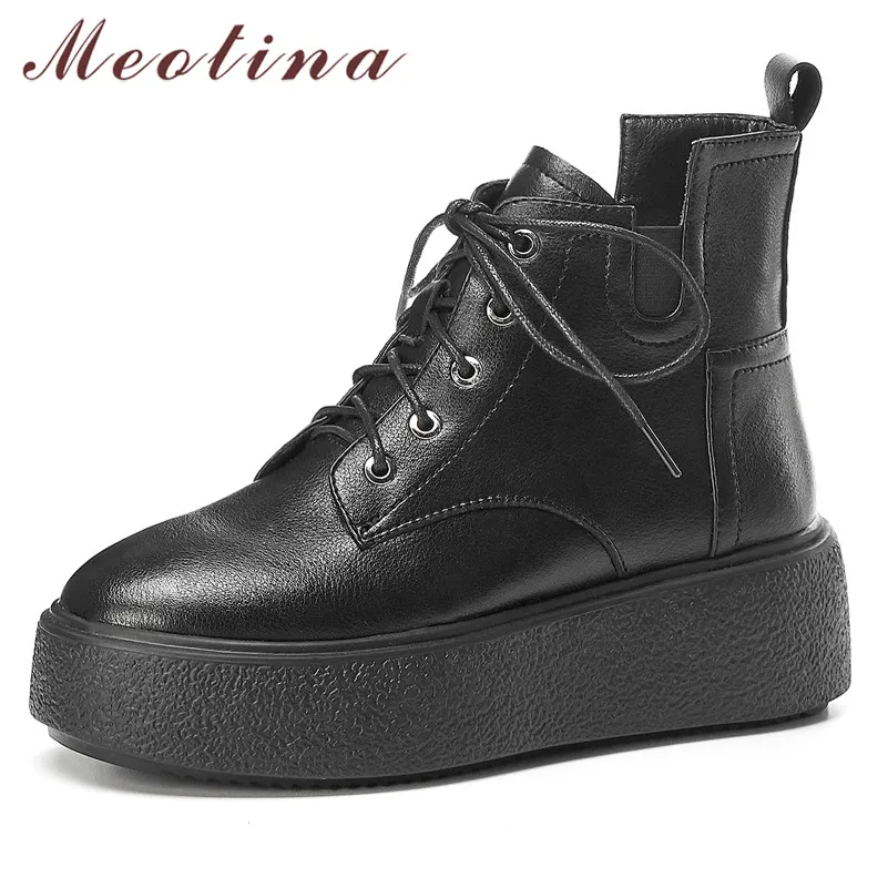 

Meotina Winter Genuine Leather Ankle Boots Women Zipper Flat Platform Short Boots Cow Leather Round Toe Shoes Female Fall 34-39