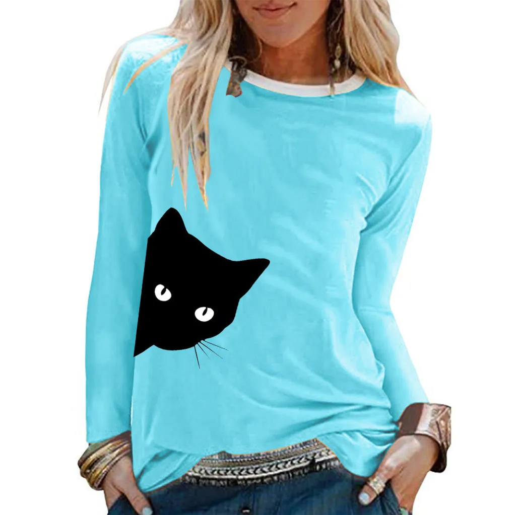 Karajuku Свободная Женская футболка с длинным рукавом Женские футболки повседневные футболки с принтом кота сетчатый топ с круглым вырезом Женская футболка