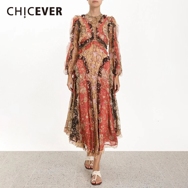 CHICEVER/винтажное женское платье с принтом, с круглым вырезом, с рукавами-фонариками, с высокой талией, большие размеры, миди, женские платья,, осенняя мода, новинка