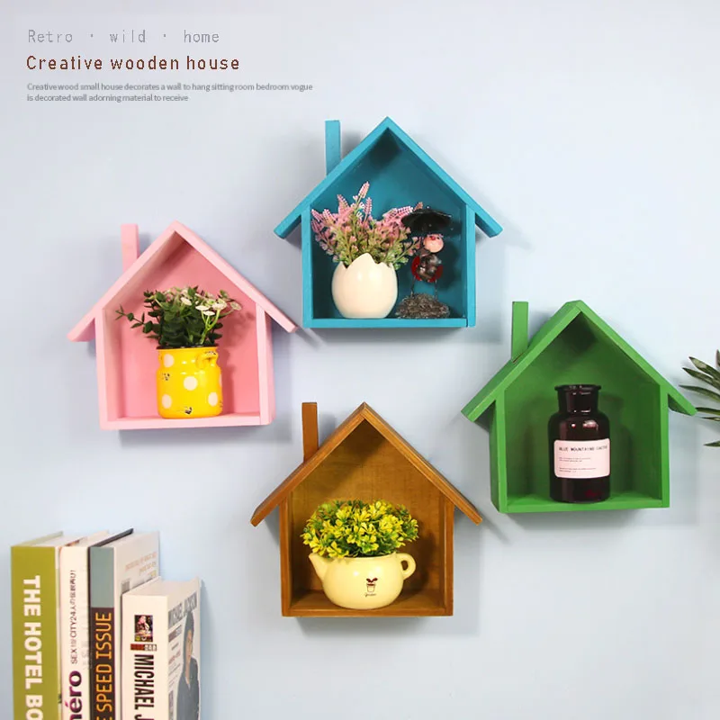 Nordic Wall Shelf Vintage Wood Wall Storage Shelf Rack House shape Storage Rack Room DIY Wall Decor Holder