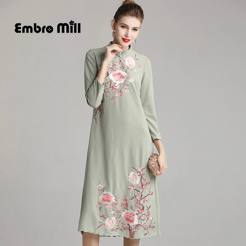 Осеннее улучшенное платье Чонсам в китайском стиле с вышивкой и большим цветком, стоячий воротник, платье с длинными рукавами размера плюс M-4XL