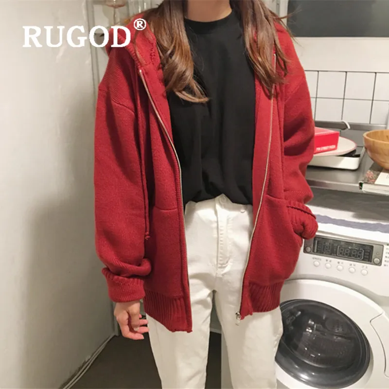 RUGOD/Новинка года; зимнее красное плотное пальто; женские толстовки на молнии; свободная верхняя одежда с карманами; модная женская Повседневная теплая толстовка; mujer