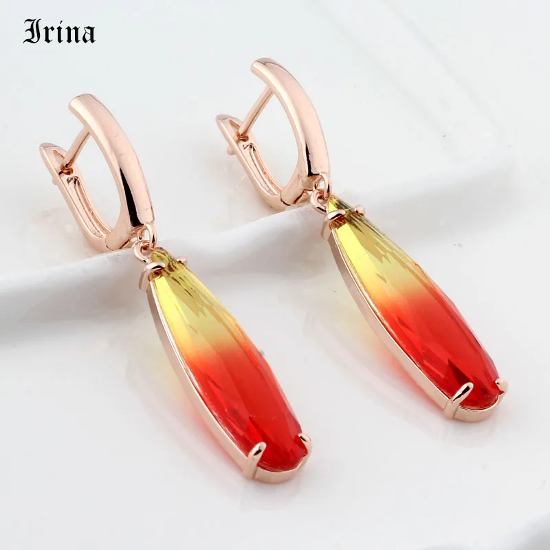 Rose Gold Long Earrings Water Drop Colorful Natural Zirconia Dangle Jewelry Gift