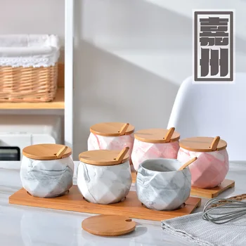 

FANTERCY Tableware Kitchen Cooking Tools Spice Jar Creative Salt Shaker Quality Ceramic 3 pcs/set with Tray Wooden Cover Bottle
