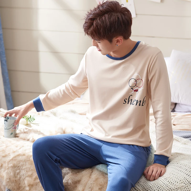 men pajama set Пижамы для мужчин; сезон осень; свободные брюки из чистого хлопка с длинными рукавами для отдыха с героями мультфильмов; зимняя одежда для подростков; домашняя одежда - Цвет: men pajama set