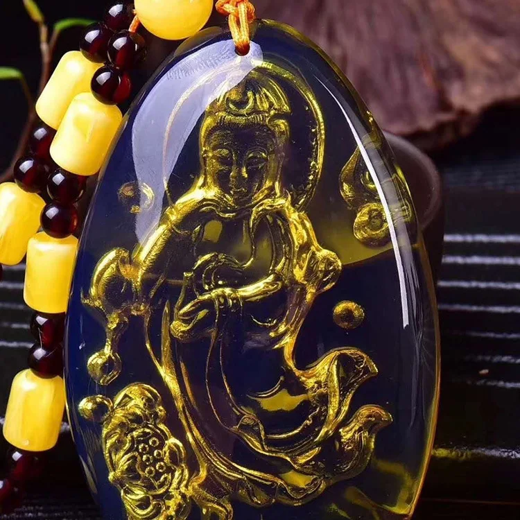 Ручная полировка Dominion Guanyin кулон ожерелье для мужчин и женщин свитер цепь Кулон новое голубое Янтарное восковое ожерелье