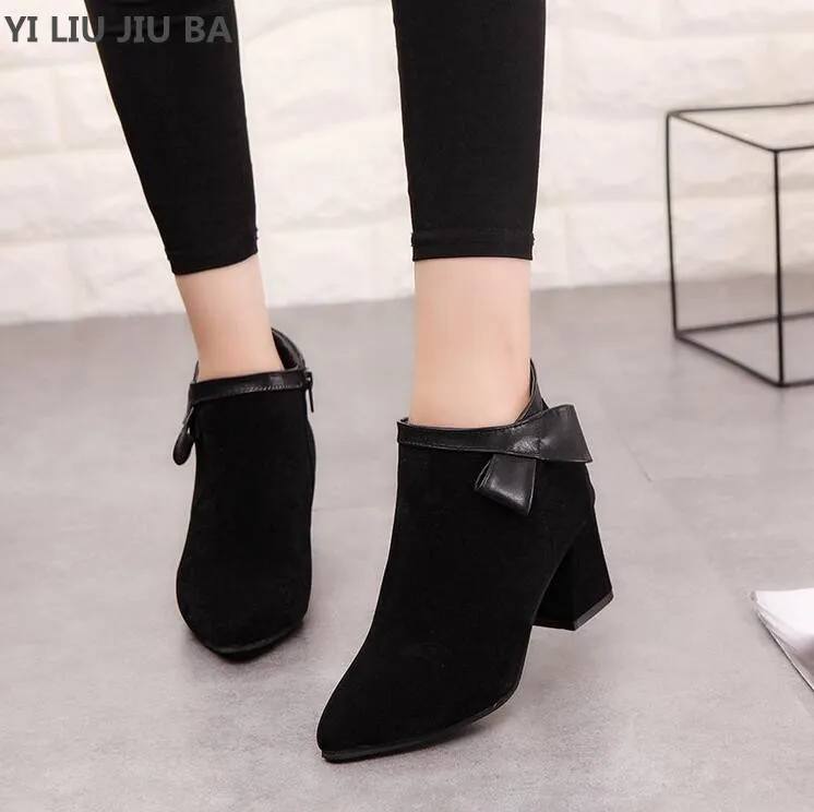 

Special price winter Casual Bow women Boots Suede Hot Sale high heels Women's Shoes Pointed Toe Ankle Boots zapatos mujer Q022