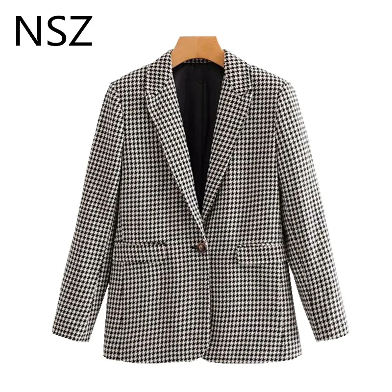 

NSZ Women Black and White Houndstooth Tweed Blazer Long Sleeve Single Button Office Lady Elegant Jacket Work Chic Coat Outwear