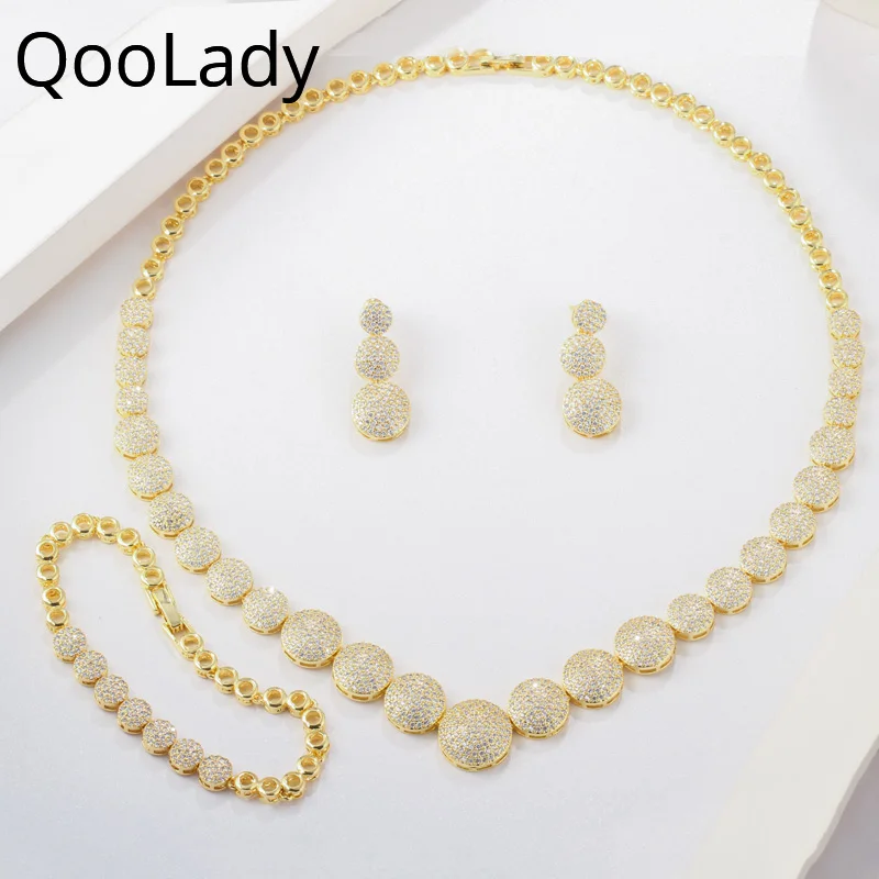 QooLady африканский королевский желтый золотой полный CZ камень колье круглое ожерелье серьги браслет набор украшений для женщин аксессуары Z021