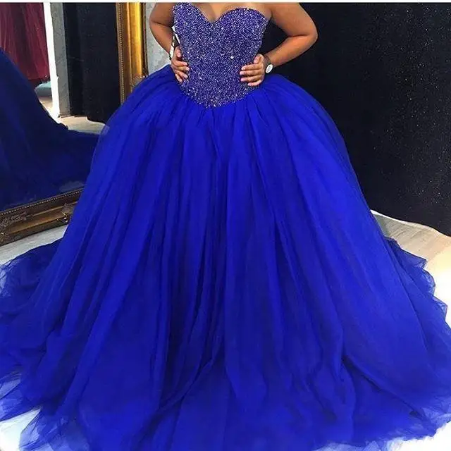Королевский синий Милая Vestidos De 16 Anos тяжелое бисерное бальное платье Бальные платья