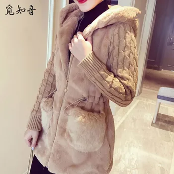 

2019 autumn winter new classic fashion knitted rabbit fur jackets patch faux fur thickening hooded jacket female outerwear