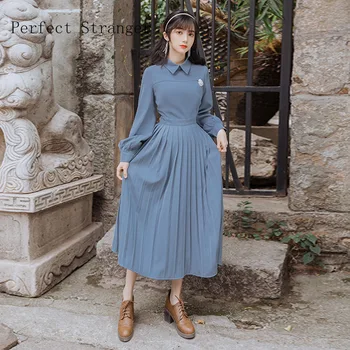 

2020 Spring New Arrival Retro Peter Pan Collar Solid Color Long Sleeve Woman Pleated Long Dress