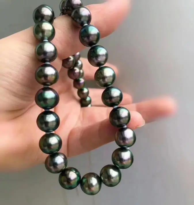 HUGE AAA 10-11MM ROUND SOUTH SEA GENUINE BLACK GREEN PEARL NECKLACE 18" 925silver GOLD